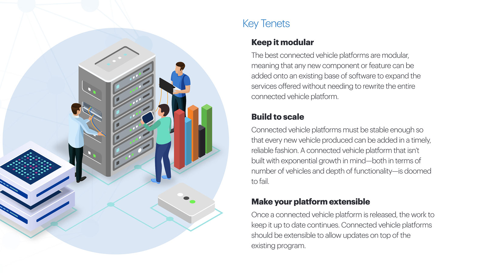 An excerpt from Intelematics' 'Pitfalls on the journey to the Connected Vehicle, and how to avoid them' whitepaper. It explains key tenets of what it takes to build a connected vehicle platform.