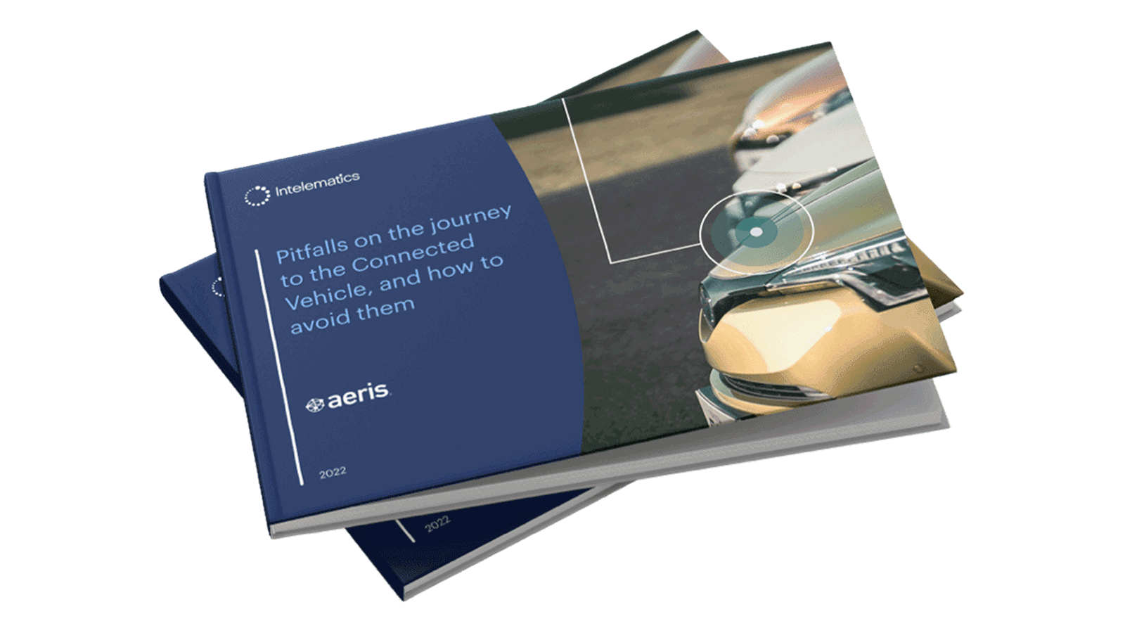 Two hardcover books stacked on top of each other. The top one reads 'Intelematics. Pitfalls on the journey to the Connected Vehicle, and how to avoid them' and is dated 2022.