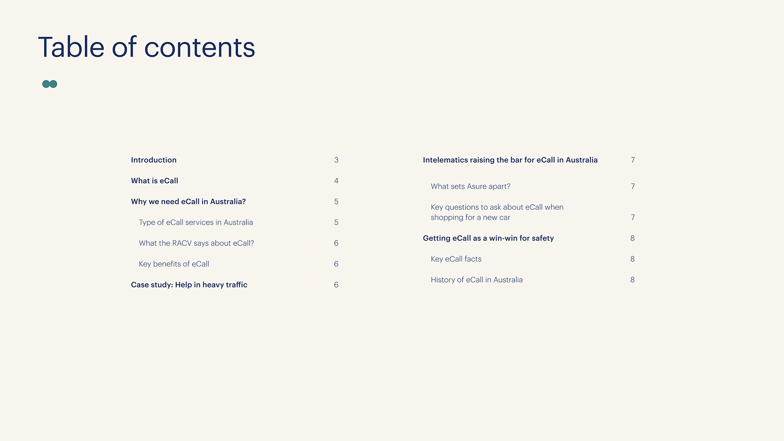 An excerpt from Intelematics' 'Maximising safety: Why eCall is a 'must-have' when buying a new car' whitepaper. It shows the table of contents, with the following chapter titles: 'Introduction', 'What is eCall', 'Why we need eCall in Australia', 'Case study: help in heavy traffic', 'Intelematics raising the bar for eCall in Australia' and 'Getting eCall as a win-win for safety'.